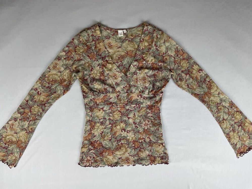 Sweet Pea Long Sleeve V Neck Mesh Blouse Women’s Large Fall Floral Y2K Brown Red